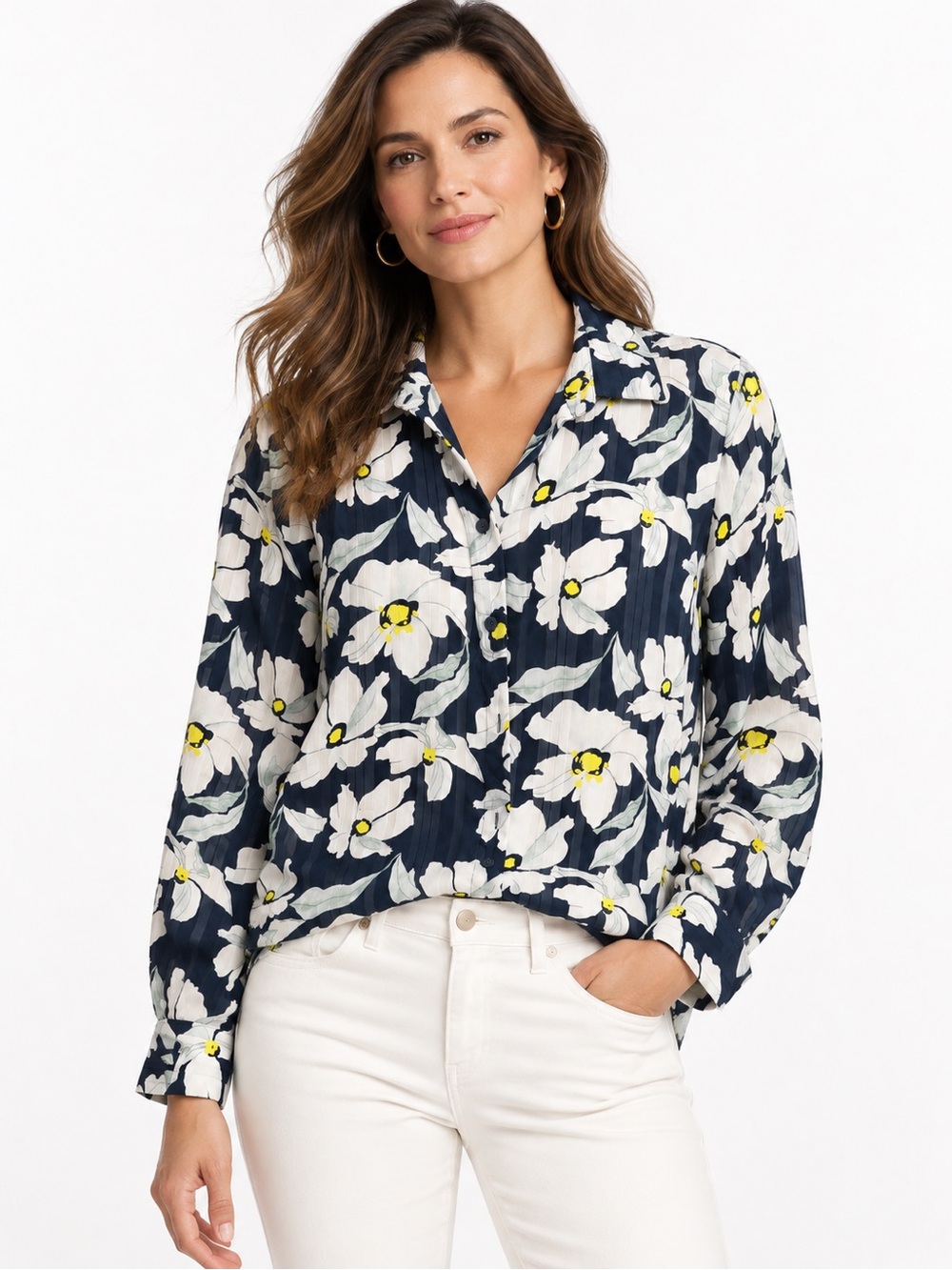 Banana Republic Floral Button Down Blouse Navy White Women’s L